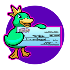 A Lucky Duck with a big winner cheque portrays life changing big win opportutines. at Luckland slots gameplay.
